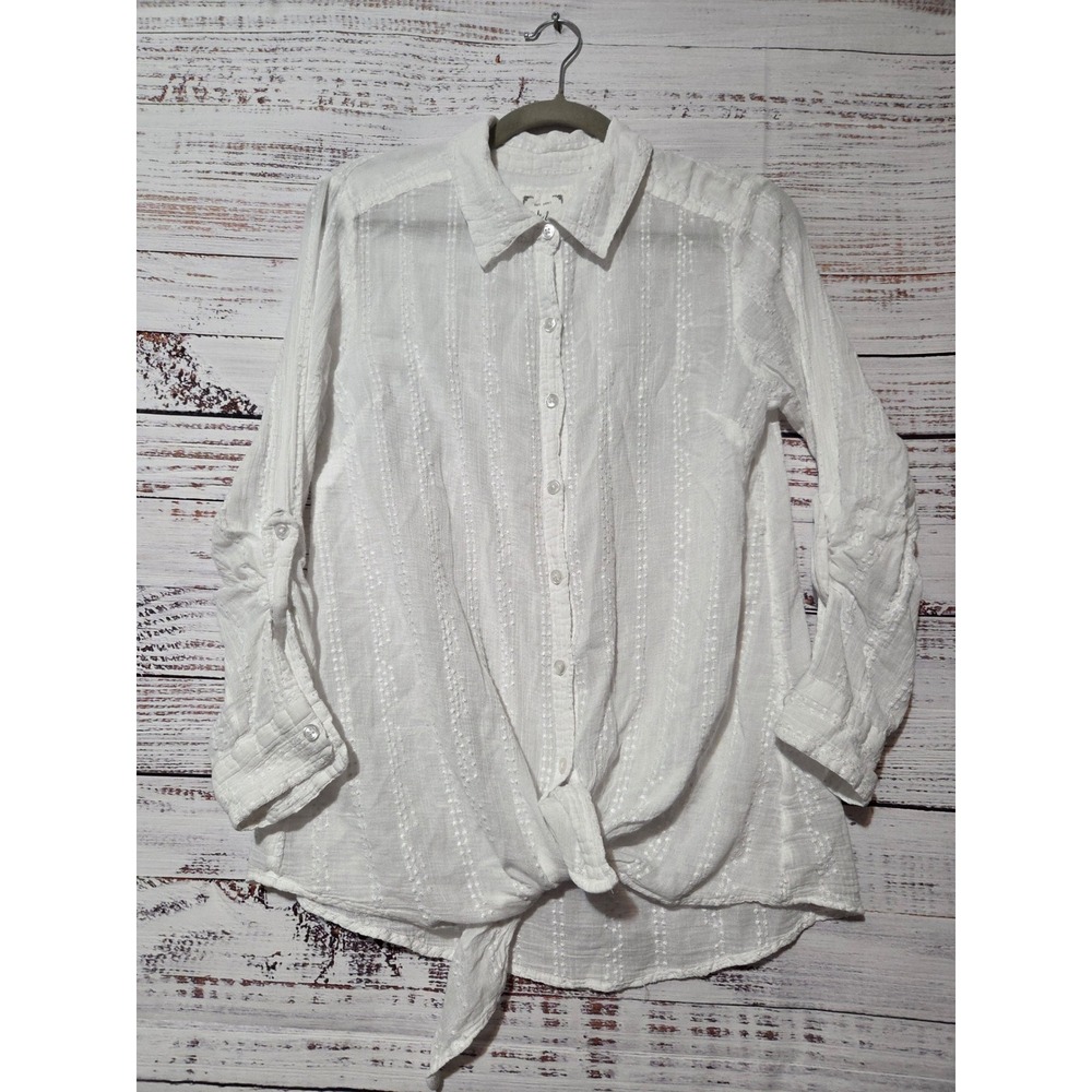 Style & Co Womens White Sheer Textured Dobby Stripe Roll Tab Front Tie Shirt S